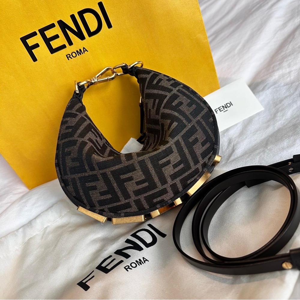 FENDI Authentic Fendigraphy Mini Brown FF Jacquard Mini hobo Bag Designer